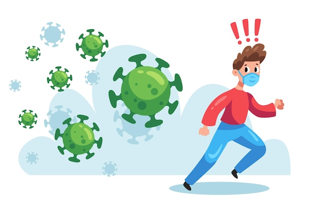 Uomo illustrato che corre da particelle di coronavirus
