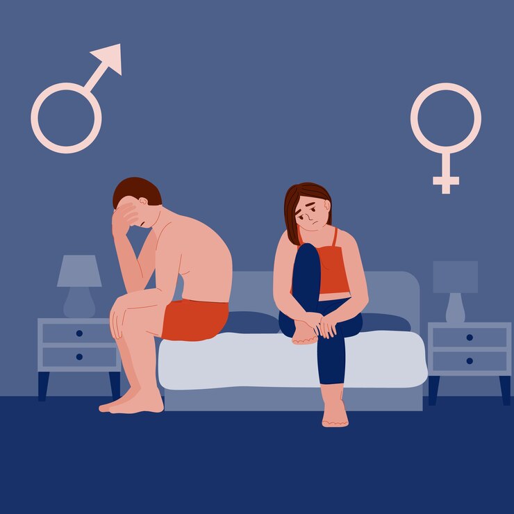 Vettore uomo impotenza e disfunzione erettile donna triste e uomo a letto di notte dopo una cattiva prostatite sessuale