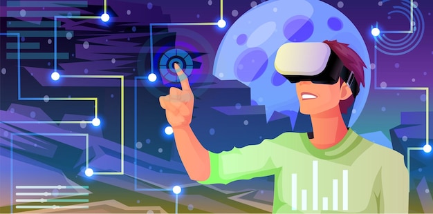 Uomo in abiti casual che indossa occhiali VR guardando toccare la realtà virtuale mondo spazio interfaccia digitale pianeta ologramma rete tecnologia cyberspazio scienza futuristica Illustrazione vettoriale