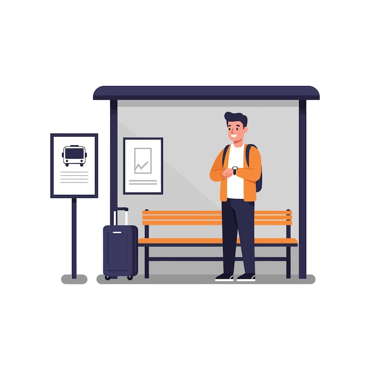 Vettore uomo in attesa alla fermata dell'autobus in stile illustrato vettoriale piatto