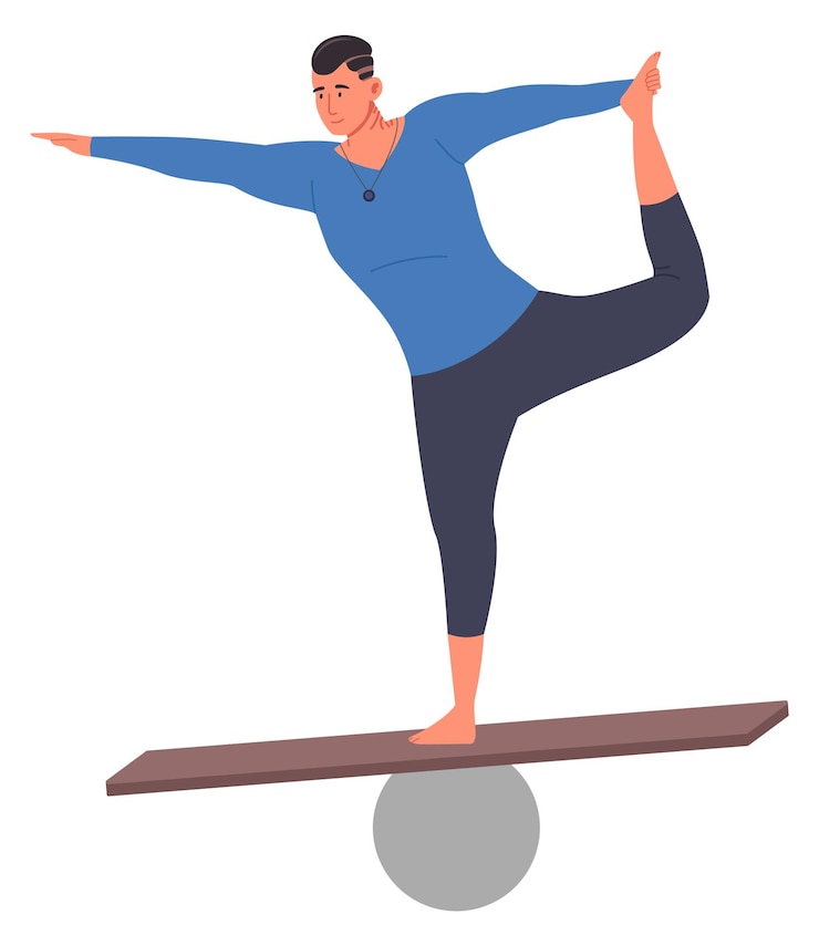 Vettore uomo in equilibrio su tavola in posa yoga vita benessere isolato su sfondo bianco
