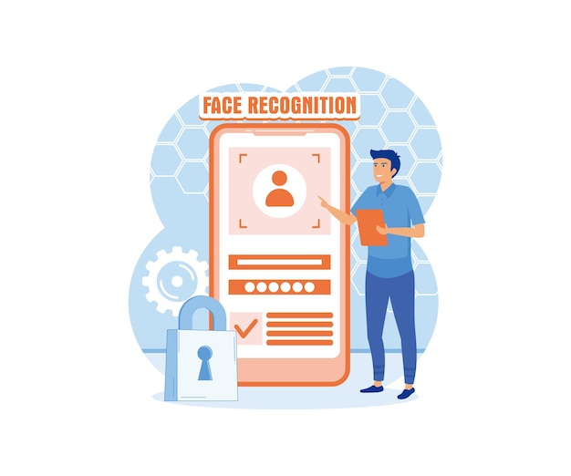Uomo in piedi con un telefono identifica un viso Concetto di riconoscimento facciale sistema di identificazione facciale identificazione biometrica vettorio piatto illustrazione moderna