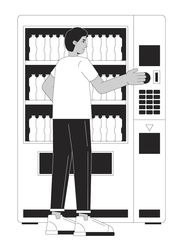 Vettore uomo indiano che compra un distributore automatico di bevande in bianco e nero 2d personaggio di cartoni animati
