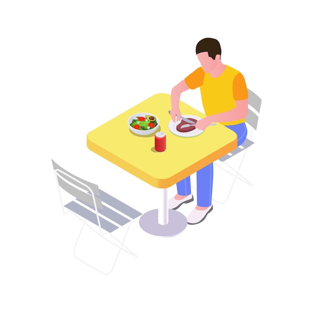 Uomo isometrico che cena al tavolo all'aperto 3d