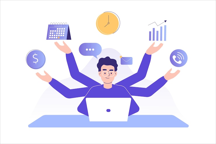 Vettore uomo libero professionista di concetto di gestione del tempo e multitasking