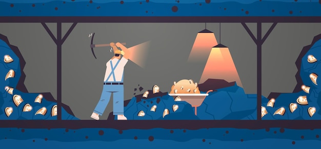 uomo minatore scavare ed estrarre bitcoin nella miniera grotta mining crypto monete criptovaluta digitale blockchain concetto orizzontale a piena lunghezza illustrazione vettoriale