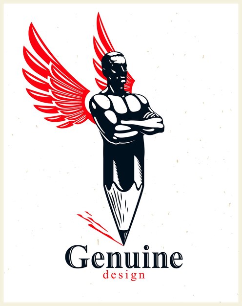 Uomo muscolare Strongman combinato con matita e ali in un simbolo, un concetto di design forte, un'allegoria del potere creativo, un logo o un'icona in stile classico perfetto vettoriale.