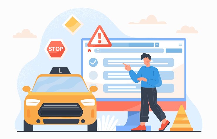 Vettore uomo nel concetto di scuola guida uomo vicino al cono autostradale dell'auto e patente di guida istruzione e formazione giovane ragazzo vicino a documenti e regole stradali illustrazione vettoriale piatta del fumetto