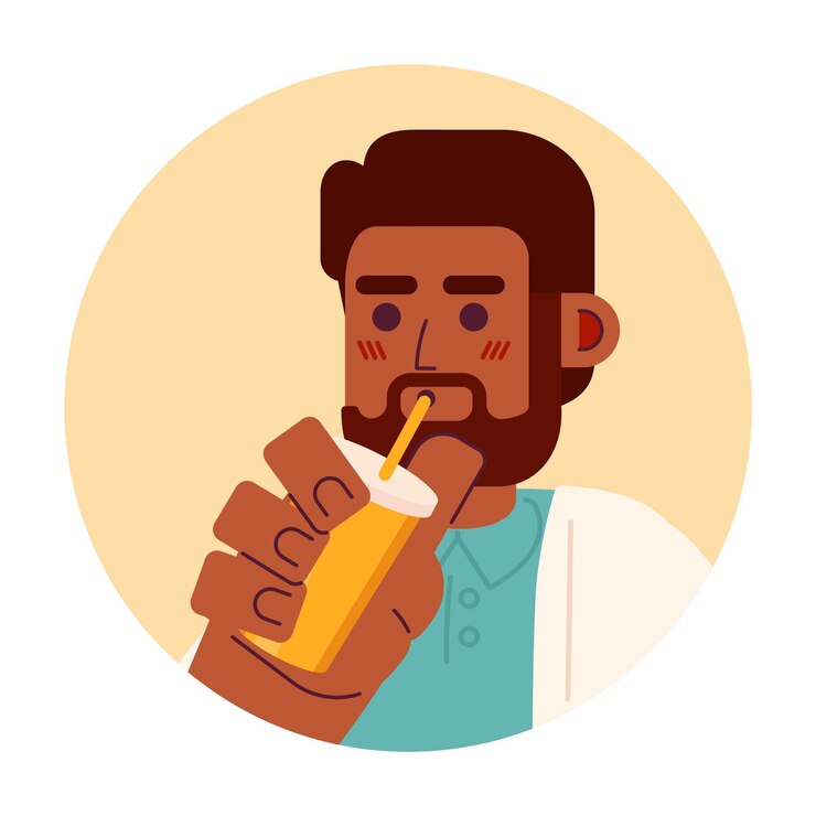 Vettore uomo nero barbuto che beve paglia illustrazione vettoriale 2d di avatar che tiene il caffè maschio con barba volto di personaggio di cartone animato smoothie uomo afroamericano colore piatto immagine del profilo utente isolata su bianco