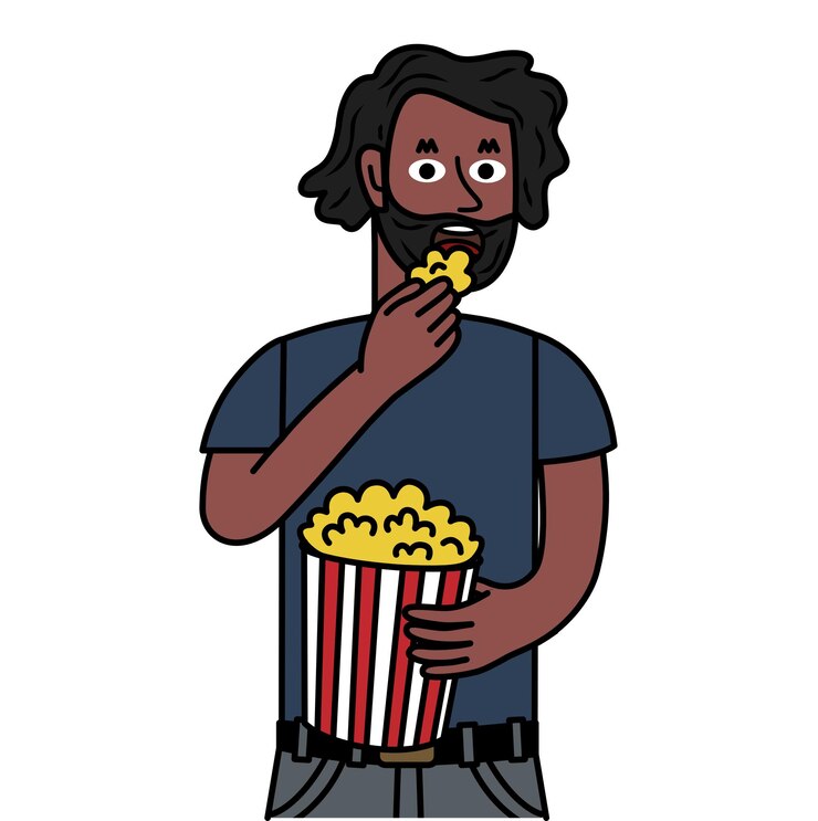 Uomo nero barbuto che mangia dei deliziosi popcorn.