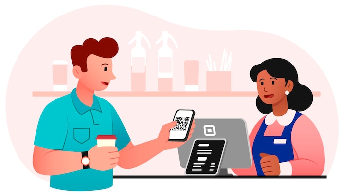 Vettore uomo paga con smartphone in negozio qr code concetto cartone animato illustrazione vettoriale piatta isolata su bianco
