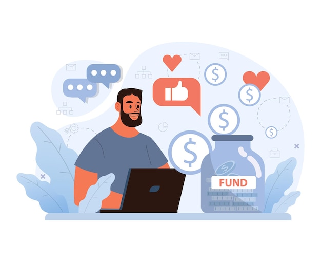 Uomo sicuro di sé si impegna in attività di sponsorizzazione online i cuori e i like indicano apprezzamento