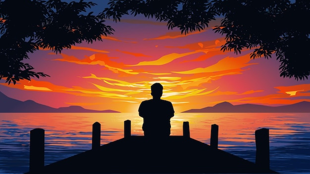 Uomo solo seduto su un molo. Scenario al tramonto sul lago
