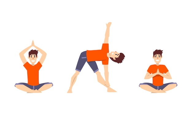 Uomo sorridente in felpa rossa che fa yoga respirando in diversi set vettoriali di asana