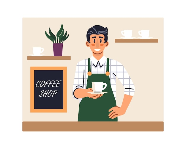 Uomo sorridente in uniforme che tiene una tazza di caffè e dà da bere al cliente Occupazione barista professionista Processo di preparazione della bevanda al caffè Proprietari di piccole imprese Illustrazione piatta vettoriale