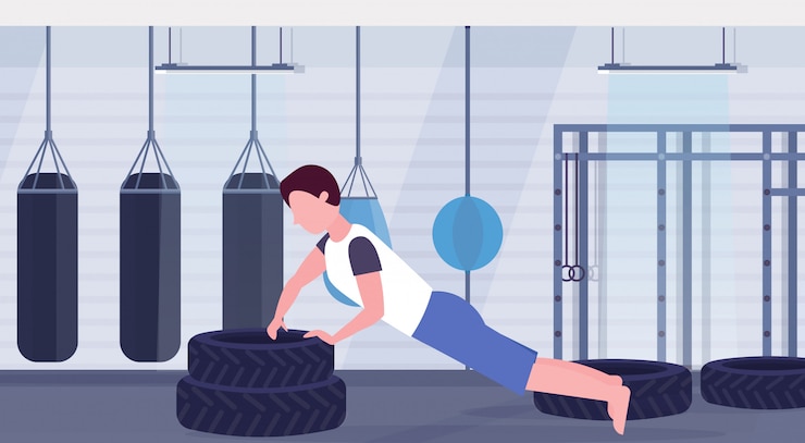 Vettore uomo sportivo facendo esercizio push-up su pneumatici bodybuilder allenandovi in palestra duro allenamento stile di vita sano concetto piatto moderno crossfit healht club interno orizzontale