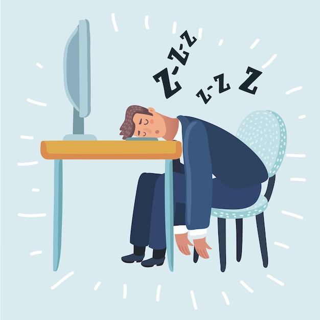 Uomo stanco che dorme in ufficio seduto su una sedia rossa dietro la scrivania.