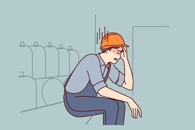 Uomo stanco che lavora in fabbrica si siede vicino all'attrezzatura di produzione tenendo la testa a causa del lavoro nervoso