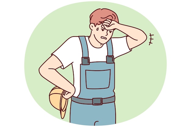 Uomo stanco e sudato in uniforme di costruzione e casco di sicurezza che pulisce la fronte immagine vettoriale