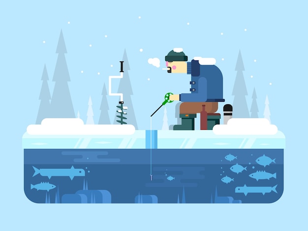 Uomo sulla pesca invernale
