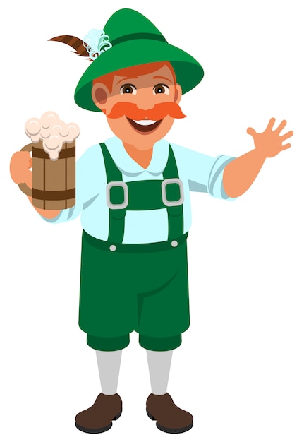 Uomo tedesco in retro vestiti nazionali che tengono tazza di legno di birra