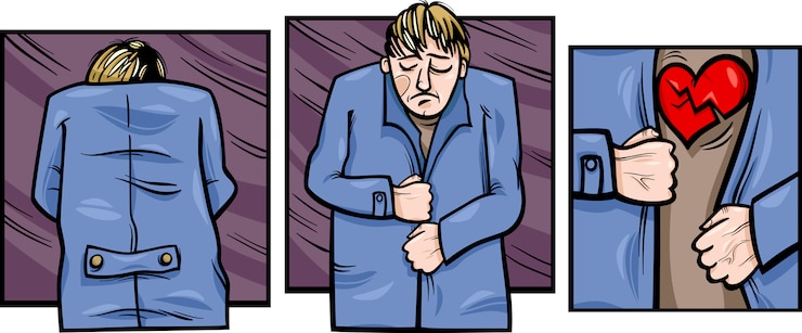 Vettore uomo triste con fumetti cuore spezzato
