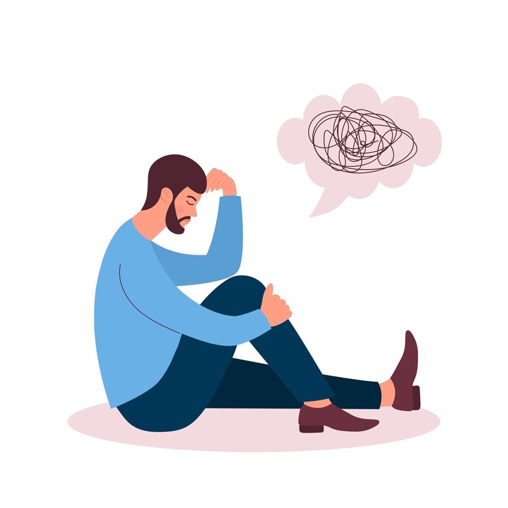 Vettore uomo triste in depressione seduto e pensando ai problemi pensieri confusi nella sua mente salute mentale