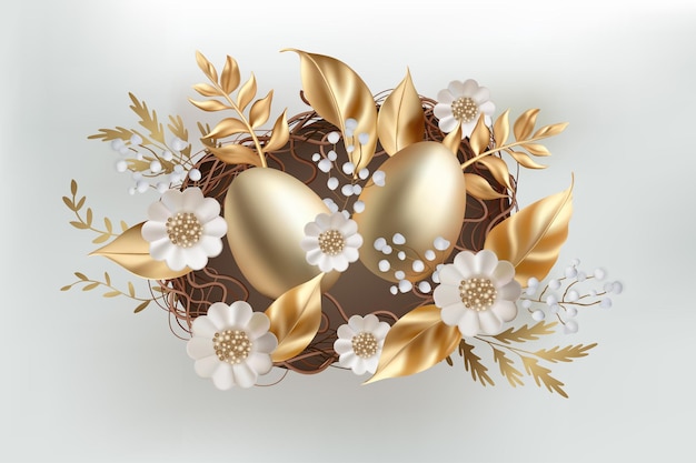 Uova d'oro di Pasqua 3d in un'illustrazione realistica dell'uovo di vettore del nido con i fiori bianchi