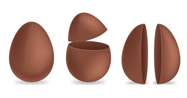 Uova di cioccolato realistiche impostate guscio d'uovo esploso rotto in due metà e cioccolato intero con uova di gallina