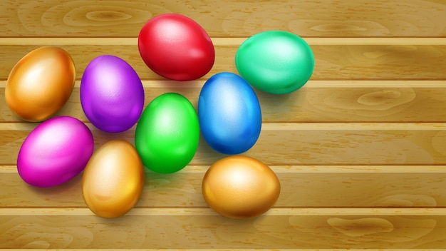 Uova di Pasqua colorate realistiche con ombre su assi di legno