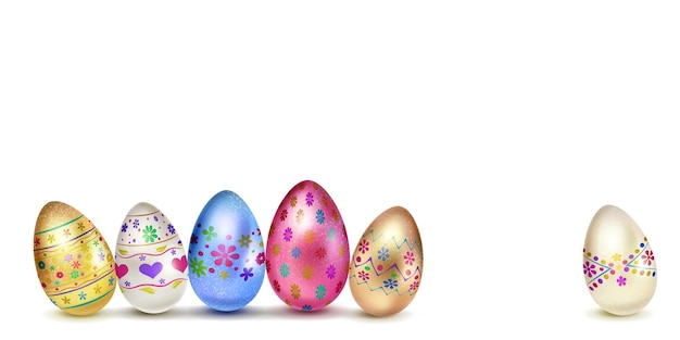 Uova di Pasqua in vari colori con decorazioni colorate
