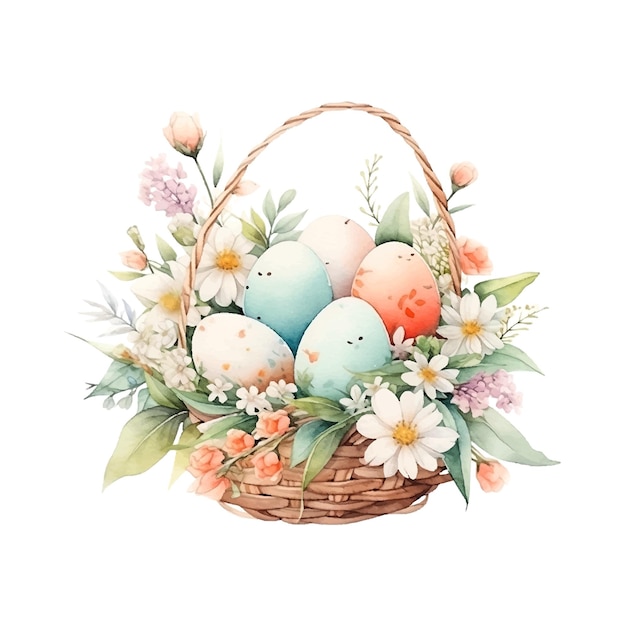 uova multicolori di Pasqua con fiori in un cesto acquerello su sfondo bianco