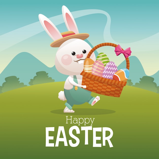 Uovo di cestino di trasporto felice del coniglietto della carta di pasqua