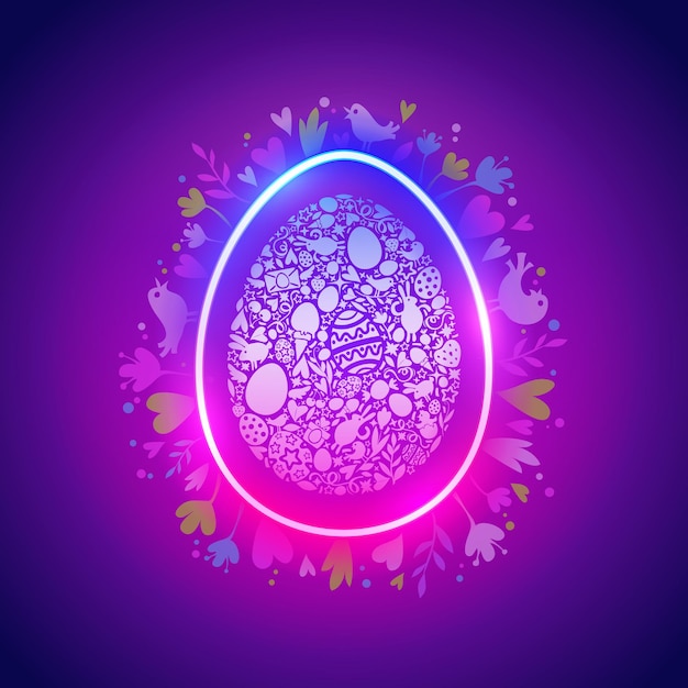 Uovo di Pasqua al neon colorato con simboli primaverili