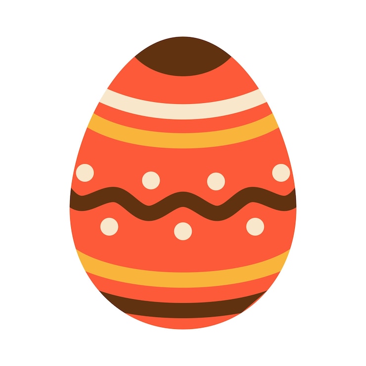 Uovo di Pasqua rosso con linee puntini e onda Caccia all'uovo Tradizione di Pasqua Uovo rosso con ornamento marrone e giallo in design piatto
