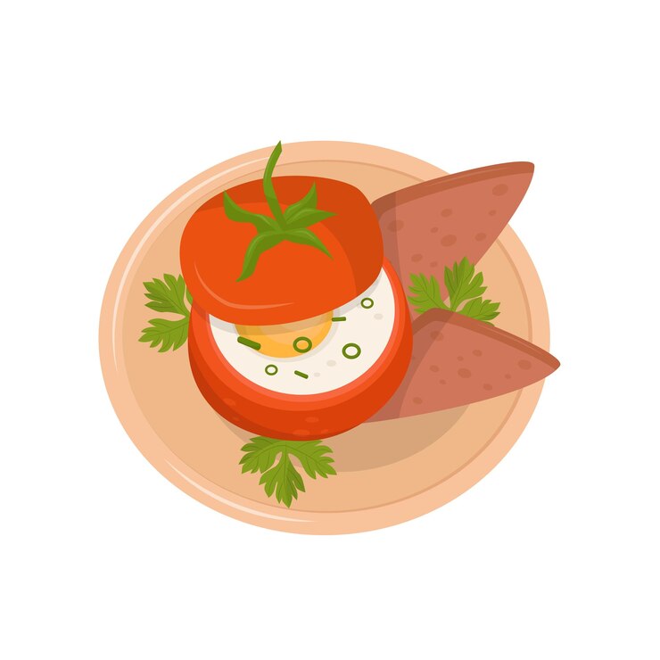 Vettore uovo fritto in pomodoro fresco e due fette di pane su un piatto vettoriale illustrazione su sfondo bianco