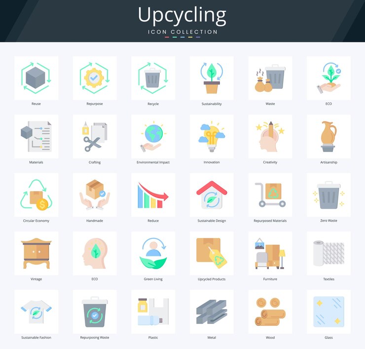 Upcycling flat icon pack per il processo creativo di trasformazione del riutilizzo e del riciclaggio