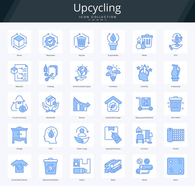 Upcycling linear blue icon pack per il processo creativo di trasformazione del riutilizzo e del riciclaggio