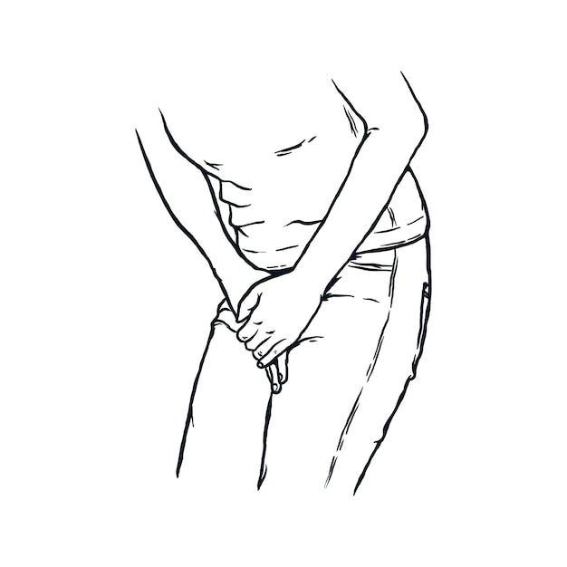 Urinazione vaginale donna mano che tiene l'incrocio che soffre di dolore mano disegnato schizzo illustrazione