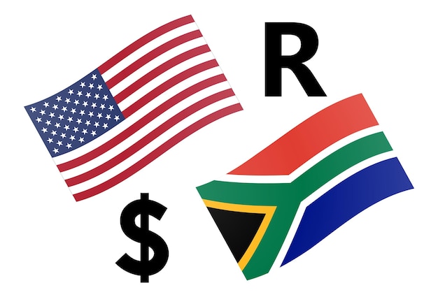 USDZAR forex coppia di valute illustrazione vettoriale. Bandiera americana e sudafricana, con il simbolo del dollaro e del rand.