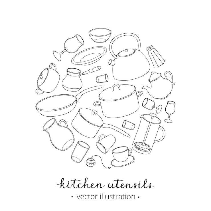 Vettore utensili da cucina e piatti disegnati a mano in cerchio