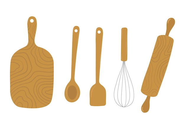 Utensili da cucina in legno disegnati a mano mattarello frusta cucchiaio tagliere