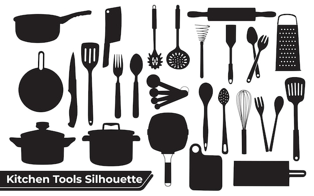 Utensili da cucina Silhouette vettore in bianco e nero