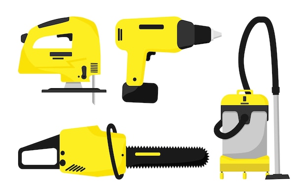 Utensili elettrici. Strumenti industriali elettrici gialli. Illustrazioni piatte di seghe, cacciavite per smerigliatrici per piallatrici.