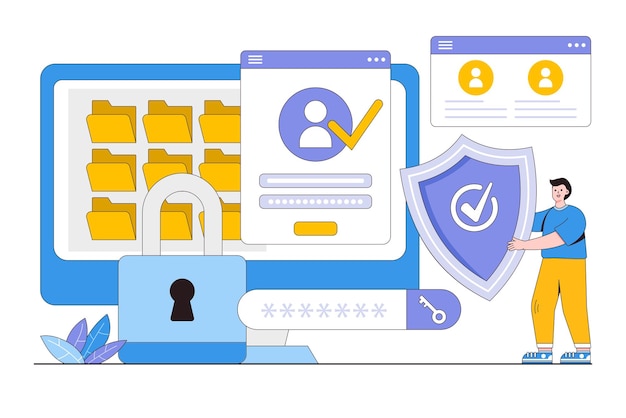 Utente piatto per la sicurezza dei dati del cyberspazio personale con scudo accesso al concetto di controllo dell'accesso al web di protezione Illustrazione dello stile di progettazione del profilo per le immagini dell'eroe di infografica del banner web della pagina di destinazione