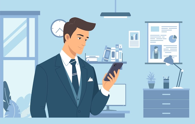 Utilizzando un'illustrazione di telefono giovane uomo d'affari in abito che usa il suo telefono in ufficio