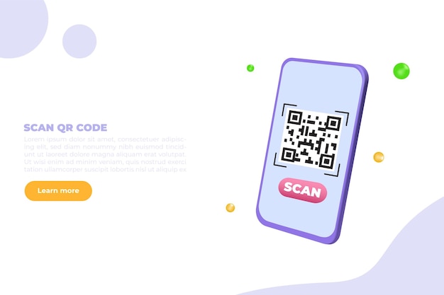 Utilizzare lo smartphone per la scansione del codice QR 3D Illustrazione vettoriale per il banner della pagina di destinazione del sito web