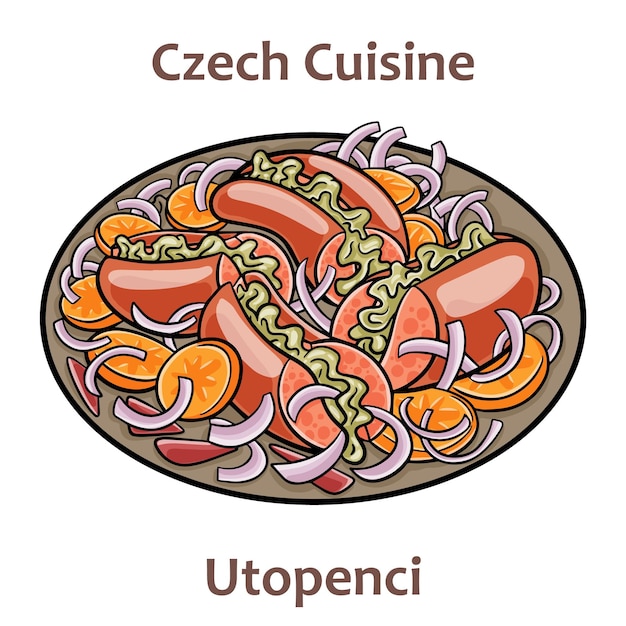 Utopenci È un barattolo di piccole salsicce in salamoia piccanti in brodo di aceto agrodolce con cipolle a fette di pepe nero macinato e foglie di alloro Cibo ceco Immagine vettoriale isolata