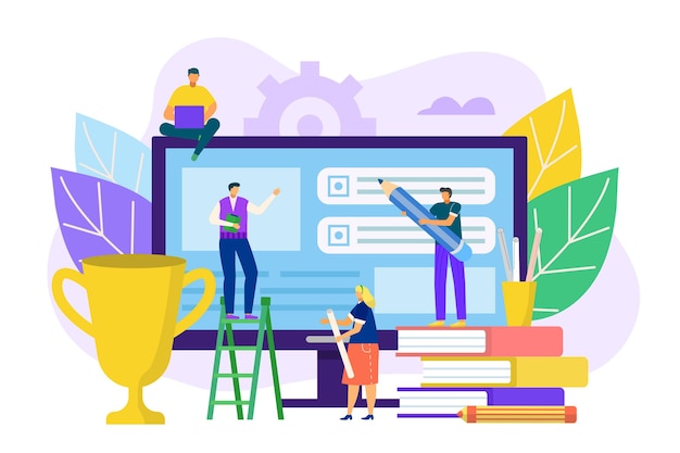 Ux ui design technology illustration. Le persone che lavorano sviluppano l'interfaccia sullo schermo del computer enorme