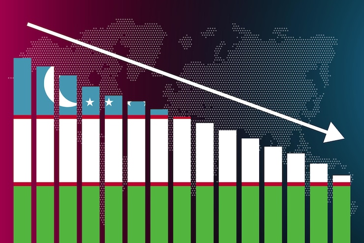 Vettore uzbekistan grafico a barre valori decrescenti crisi e downgrade banner di notizie falliscono e diminuiscono